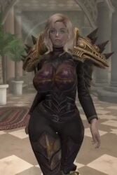 animated armor big_ass big_breasts bikini_armor blonde_hair blue_eyes bodysuit dommy_mommy elf_orc_lunaire glasses huge_ass huge_breasts large_ass large_breasts rebecca_(original_character) seductive skyrim tagme the_elder_scrolls tight_clothing video