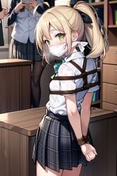 ai_generated arms_behind_back blonde_hair blush bondage bullying chest_harness classroom female_only flat_chest gag gagged green_eyes hair_ribbon hazing helpless looking_at_viewer maybe_into_it multiple_girls original original_character over_the_nose_gag panting ponytail pov recording rope_bondage school_uniform schoolgirl size_difference skirt student thighs wrists_tied