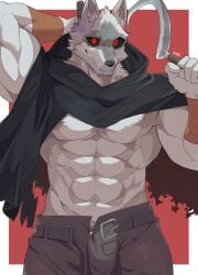 2023 abs accessory anthro arm_wraps belt biceps black_cloak black_clothing black_nose black_sclera bottomwear bulge canid canine canis cloak clothed clothing cock_ring death_(puss_in_boots) digital_media_(artwork) dreamworks dual_wielding fangs fingers fur genitals grey_body grey_fur grin hi_res holding_object holding_weapon hood hooded_cloak jewelry looking_at_viewer male male_only mammal multicolored_body multicolored_fur muscular muscular_anthro muscular_male nt_kichi8642 open_bottomwear open_clothing open_pants pants pecs penis penis_accessory penis_jewelry pubes puss_in_boots_(dreamworks) puss_in_boots_the_last_wish red_background red_eyes serratus sharp_teeth sickle simple_background smile solo tail teeth two_tone_body two_tone_fur weapon wolf wraps