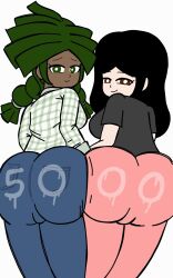 2girls big_ass black_hair chobeeno clothed dark_skin female female_only green_hair looking_at_viewer presenting_hindquarters writing_on_ass writing_on_clothes