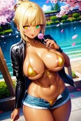 1girls 2023 ai_generated big_breasts blonde_hair curvy curvy_female curvy_figure denim_shorts female female_only heterochromia high_resolution human latex_jacket looking_at_viewer solo stable_diffusion tongue tongue_out toony voluptuous_female