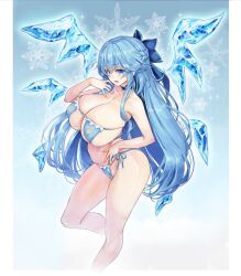 1girls aged_up bangs bikini blue_bikini blue_bow blue_choker blue_eyes blue_hair bow braid breasts choker cirno cleavage covered_nipples female foot_out_of_frame hair_bow hand_up huge_breasts ice ice_wings kiyama_satoshi large_breasts legs light-skinned_female light_skin long_hair looking_at_viewer micro_bikini open_mouth side-tie_bikini_bottom skindentation smile snowflake snowflake_background solo solo_female swimsuit touhou wings