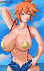 armpits asymmetrical_hair ausoh bangs blush breasts clavicle clothing denim denim_shorts female female_only game_freak green_eyes huge_breasts kasumi_(pokemon) large_breasts navel nintendo orange_hair pokemon pokemon_(anime) pokemon_(classic_anime) pokemon_(game) pokemon_rgby ponytail red_hair shirt short_hair shorts side_ponytail sleeveless sleeveless_shirt solo suspenders sweat sweatdrop tied_hair underboob wet yellow_shirt