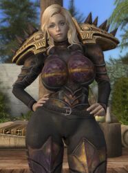 armor big_ass big_breasts bikini_armor blonde_hair blue_eyes bodysuit dommy_mommy elf_orc_lunaire glasses huge_ass huge_breasts large_ass large_breasts rebecca_(original_character) seductive skyrim tagme the_elder_scrolls tight_clothing