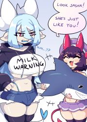 anthro big_breasts breasts bulge choker futa futanari horns huge_breasts j5daigada midriff oni oni_horns sasha_(daigada) selene_(daigada) shark sharp_teeth short_shorts short_skirt skirt spade_tail tagme tail thick_thighs thighhighs thong_strap underboob white_hair