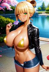 1girls 2023 ai_generated big_breasts blonde_hair curvaceous curvy_body curvy_female denim_shorts female female_only heterochromia hi_res high_resolution human latex_jacket lollipop looking_at_viewer seductive_look solo stable_diffusion toony voluptuous_female