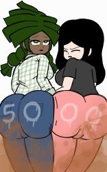 2girls black_hair chobeeno closed_eyes clothed fart female female_only green_hair multiple_girls original_character writing_on_ass writing_on_clothes