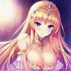 ai_generated crown cum_on_breasts female jewelry low-cut_dress oc original_character princess royalty shoulderless_dress