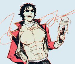 abs bare_chest big_pecs coat gintama gun hangleing happy_trail jacket male male_only male_pubic_hair milk milk_bottle milk_gun muscular muscular_male open_jacket open_mouth pecs pubic_hair_peek sakamoto_tatsuma scarf smile solo sunglasses