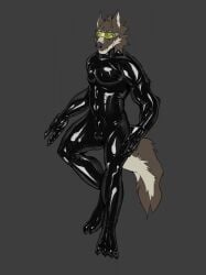 2021 anthro balls_outline black_latex brown_body brown_fur bulge canid canine canis claws clothing digital_media_(artwork) fur genital_outline glistening glistening_clothing grey_background hand_on_hip hi_res looking_up male mammal markings penis_outline rubber rubber_clothing rubber_suit shinyrubberpuro simple_background skinsuit solo standing striped_markings striped_tail stripes tail tail_markings tight_clothing visor white_body white_fur wolf xionus yellow_lens