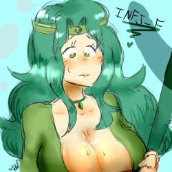 1girls big_breasts dick_shadow female_only green_eyes green_hair imminent_oral infj light_skin looking_down massive_breasts mbti solo_female sweat