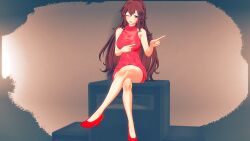 3d amplifier bare_shoulders blush friday_night_funkin girlfriend_(friday_night_funkin) high_heels hourglass_figure koikatsu large_breasts long_hair looking_at_viewer pointing red_dress smile thick_thighs wink winking