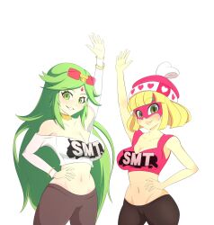 2girls arms_(game) artist_name big_breasts blonde_hair blush breasts busty child_bearing_hips cleavage crossover female female_only green_hair hand_on_hip highres kid_icarus large_breasts legs lipstick long_hair looking_at_viewer makeup midriff min_min_(arms) multiple_girls navel nintendo palutena pants parted_lips pose posing sakuraegg shirt short_hair sleeveless sleeveless_shirt smile sportswear sunglasses_on_head super_smash_bros. tank_top thick_thighs thighs very_long_hair voluptuous white_background wide_hips