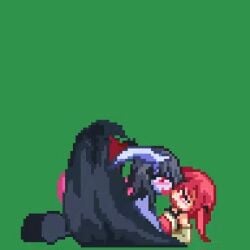 2018 2d 2d_animation 2girls animated ass ayura_(ayura_crisis) ayura_crisis black_hair blush demon demon_girl energy_drain fully_clothed game_cg gif green_background hip_wings horns human kissing leona_(ayura_crisis) multiple_girls pixel_animation pixel_art q2 red_eyes red_hair sex succubus wings yuri