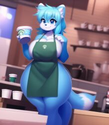 4_fingers ai_generated anthro apron barista blue_eyes blue_fur blue_tail blurred_background candy_blue_hair canine coffee_cup curvy cute fluffy_tail front_view furry green_apron holding_cup holding_object nai_diffusion naked_apron paws smile stable_diffusion standing starbucks tail thick_thighs thighs two_tone_tail wide_hips