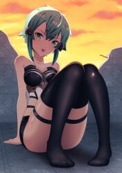 absurdres ass bare_shoulders breasts female green_eyes green_hair hair_between_eyes highres legs leotard looking_at_viewer medium_breasts on_kazu sinon sitting sunset sword_art_online sword_art_online_alternative:_gun_gale_online thick_thighs thighs tongue tongue_out