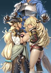 1boy 2girls almeida_(granblue_fantasy) armor bar_censor blonde_hair blue_eyes bobobo censored cooperative_paizuri cum dark-skinned_female dark_skin donna_(granblue_fantasy) draph earrings ffm_threesome gran_(granblue_fantasy) granblue_fantasy grin hardhat height_difference helmet highres horns jewelry light-skinned_male light_skin long_hair multiple_girls navel_piercing paizuri penis piercing pointy_ears projectile_cum red_eyes short_shorts shorts simple_background smile standing threesome very_long_hair