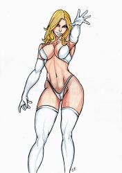 blonde_hair blue_eyes breasts curvy curvy_female elbow_gloves emma_frost female gleidson_fernande hourglass_figure huge_breasts looking_at_viewer marvel marvel_comics navel new_x-men panties thick_thighs thighhighs thin_waist white_lipstick white_queen wide_hips x-men