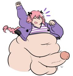 1boy astolfo_(fate) big_balls big_belly bottomless erect_penis fat fate_(series) flabby_belly happy huge_cock hyper_belly imminent_sex lewdsona looking_at_viewer male_only morbidly_obese obese obese_male thick_thighs winking_at_viewer