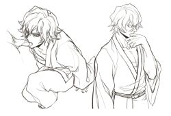 2boys crouching erection fellatio gintama hangleing high-angle_view kimono licking_penis male male_only monochrome multiple_scenes oboro_(gintama) oral penis sketch solo_focus uncensored veiny_penis yaoi