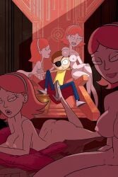 1boy 4girls accurate_art_style breasts clone clones clothed_male_nude_female dimples_of_venus evil_morty eyepatch facing_viewer female foot_up footwear_only grin harem high_heels_only jessica_(rick_and_morty) looking_at_viewer male medium_breasts morty_smith multiple_girls naked narrow_waist nude_female on_stomach orange_hair pumps rick_and_morty sitting throne wide_hips