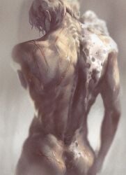 back_muscles bathing completely_nude gintama hangleing male male_only nude oboro_(gintama) painting_(artwork) realistic rear_view scars soap soap_bubbles solo tattoo toned toned_male tramp_stamp washing wet_skin