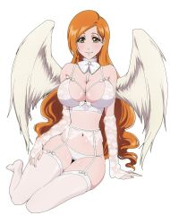 1girls angel_wings bleach bow bra breasts bridal_gauntlets brown_eyes female garter_straps highres inoue_orihime large_breasts lingerie long_hair looking_at_viewer navel orange_hair panties rozuberry sitting smile solo thighhighs underwear white_bow white_bra white_garter_belt white_panties wings