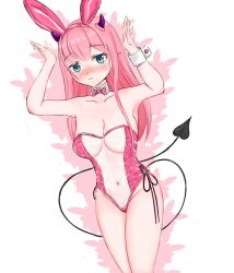 1girls airi00100 belly_button blush bunnysuit embarrassed eyebrows_visible_through_hair fake_animal_ears fake_rabbit_ears horns light-skinned_female light_skin nose_blush pointy_ears production_kawaii reina_sun_(vtuber) solo tail transparent_bunnysuit virtual_youtuber