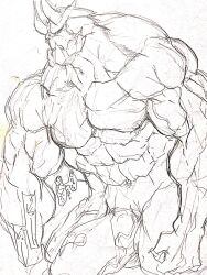 balls bara big_balls big_penis dokichi horns huge_cock male male_only monochrome muscles muscular penis solo solo_male