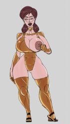 2d areolae breasts_out brown_hair cleavage curvy diklonius female gold_(metal) high_heels huge_breasts looking_at_viewer low_res milf mother nipples oc round_breasts sketch stockings thick_thighs voluptuous