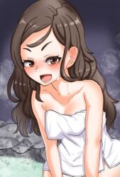 1girls bare_thighs breasts brown_eyes brown_hair female female_only fire_emblem fire_emblem_fates hana_(fire_emblem) long_hair looking_at_viewer medium_breasts naked_towel nintendo onsen ponimeko smile solo sweat thighs towel water