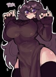 blush dress goth goth_girl gray_hair grey_hair hex_maniac huge_breasts long_hair long_sleeves painted_nails pokemon pokemon_xy purple_eyes speech_bubble thick_thighs thighhighs wide_hips widisu