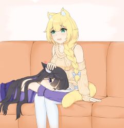 2girls catgirl couch cute embarrassed female female_only fox_girl fully_clothed head_on_lap heart ina_(raki991) kemonomimi petting raki991 sitting tsuki_(raki991)