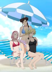 3girls bare_shoulders barefoot beach beach_chair beach_umbrella bikini blonde_hair braid braided_ponytail breasts brown_eyes brown_hair chair cleavage darkalx double_bun feet female female_only fully_clothed green_eyes holding_swimsuit kneeling looking_at_viewer midriff multiple_girls naruto naruto:_the_last naruto_(series) naruto_shippuden ocean one-piece_swimsuit outdoors pink_hair relaxing sakura_haruno sand seaside shadow side_ponytail sitting sitting_on_chair skirt smile standing swimsuit take_your_pick teal_eyes teasing temari tenten tied_hair twin_buns twintails umbrella undressing water