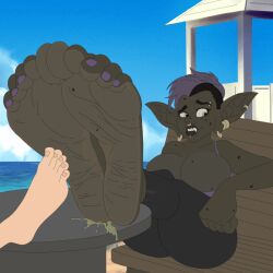 beach big_feet bug comparison dark_skin dark_skinned_female female foot_fetish foot_focus goblin goblin_female insects soles