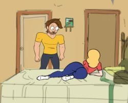 1boy 1girls 2d bed beth_smith blonde_hair brown_hair curvy diklonius female huge_ass low_res male milf morty_smith mother rick_and_morty simple_background sketch son thick_ass