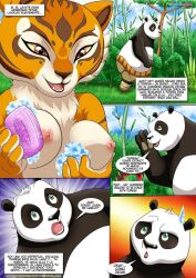 1boy 1girls 4_fingers 4_panel_comic anthro artist_request ass ass_focus bamboo bear black_and_white_fur blue_sky chinese_clothes clouds dreamworks fangs female giant_panda grass green_eyes green_eyes_male green_grass kung_fu_panda looking_at_own_breasts looking_down male master_po_ping master_tigress open_mouth page_2 panda panda_bear panda_ears panda_humanoid panda_tail public_transportation sky soap soap_bubbles spanish_dialogue spanish_text speech_bubble talking_to_offscreen text_box tiger tiger_ears tiger_girl tiger_humanoid tiger_print tiger_stripes tiger_tail topless topless_anthro topless_male trees undressing undressing_self white_clouds