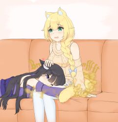 2girls catgirl couch cute_face embarrassed fart fart_cloud fart_fetish farting female female_only fox_girl fully_clothed head_on_lap heart ina_(raki991) kemonomimi petting raki991 tsuki_(raki991)