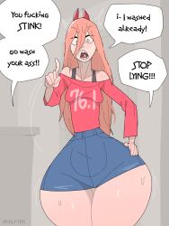 1girls arguing blue_shorts bottom_heavy caucasian_female chainsaw_man child_bearing_hips curvy devil drooping_breasts dumptruck_ass english_text front_view hand_on_hip hyper_thights index_finger_raised jean_shorts jorts long_hair long_sleeves off_shoulder offscreen_character pawg pink_hair pink_shirt pointing_at_viewer power_(chainsaw_man) red_shirt sagging_breasts skinny skinny_girl small_breasts small_waist speech_bubble sweat_drop thick_thighs thigh_gap verbal_abuse wasp_waist wide_hips yelftea