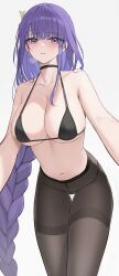 1girls blush bra braid breasts genshin_impact hi_res huge_breasts long_hair looking_at_viewer navel pantyhose purple_eyes purple_hair raiden_shogun rella2930 rikui_(rella2930) simple_background solo standing sweat very_long_hair white_background