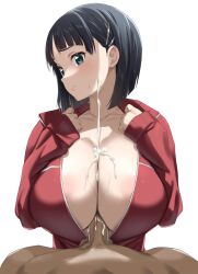 1boy aqua_eyes areola_slip bangs black_hair blunt_bangs bob_cut breasts breasts_squeezed_together cleavage clothed_female_nude_male clothed_sex collarbone commentary_request cum cum_in_cleavage cum_on_body cum_on_breasts cum_on_penis cumshot cumshot_in_chest dark-skinned_male dark_skin ejaculation ejaculation_between_breasts engulfing_paizuri facial female fuooooo hair_ornament hairclip hands_on_own_chest hands_up highres huge_breasts jacket kirigaya_suguha light_blush long_sleeves looking_away looking_to_the_side no_bra nude paizuri paizuri_over_tip partially_unzipped penis pov projectile_cum red_jacket short_hair simple_background sleeves_past_wrists solo_focus straight sweat sword_art_online testicles track_jacket upper_body white_background zipper_pull_tab