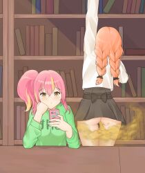 2girls ass casual casual_exposure distracted fart fart_cloud fart_fetish farting female female_only fully_clothed glasses library no_panties raki991 skirt thick_thighs thigh_gap upskirt