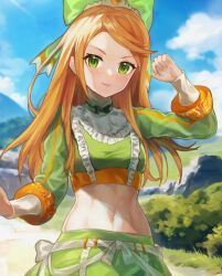 1girls etie_(fire_emblem) female female_only fire_emblem fire_emblem_engage ginger green_eyes jurge long_hair looking_at_viewer midriff nintendo outdoors petite small_breasts solo stomach toned_female