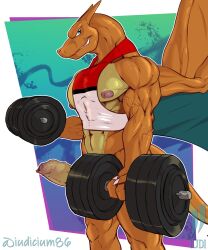 anthro bicep_curl bodily_fluids charizard clothing exercise foreskin generation_1_pokemon genitals hi_res humanoid_genitalia iudicium86 male muscular nintendo nipples pantsless penis pokemon pokemon_(species) shirt solo sweat tank_top topwear weightlifting workout