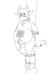 anthro arms_tied blush bodily_fluids bound bovid bovine cattle cum ejaculation genital_fluids hi_res horn jordanwolfie jordo_(artist) legs_tied male mammal overweight overweight_male solo