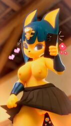 3d 3d_(artwork) 3d_model absurd_res animal_crossing ankha ankha_(animal_crossing) ankha_(hazeker) anthro blinking blue_eyes blue_hair bottomwear breasts clothed clothing clothing_lift doubutsu_no_mori felid feline felis female fur furry furry_only genitals hair hazeker heart hi_res mammal nairu_(doubutsu_no_mori) nintendo phone pussy raised_bottomwear raised_clothing raised_skirt skirt solo teasing teemoty wink yellow_body yellow_fur