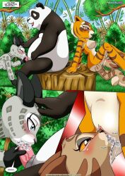 1boy 3girls 5:7 5_panel_comic bamboo bear black_and_white_fur blowjob blue_eyes blue_eyes_female caught caught_in_the_act dreamworks fangs female giant_panda grass grass_field green_eyes green_eyes_male green_grass kung_fu_panda kung_fu_panda_legends_of_awesomeness leafs looking_back looking_up male master_po_ping master_tigress mei_ling_(kung_fu_panda) nervous nervous_face nickelodeon open_mouth page_12 panda panda_bear panda_ears panda_humanoid panda_tail poring song_(kung_fu_panda) speech_bubble talking_to_another tiger tiger_ears tiger_girl tiger_humanoid tiger_print tiger_stripes tiger_tail treecc