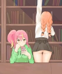 2girls about_to_fart ass casual casual_exposure distracted fully_clothed glasses imminent_fart library no_panties raki991 skirt thigh_gap upskirt