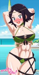 1girls abs alternate_costume artist_name ass_visible_through_thighs bikini blush breasts busty cleavage female female_only fire_emblem fire_emblem_awakening fire_emblem_heroes green_bikini green_swimsuit grey_eyes highres large_breasts light-skinned_female light_skin muscular muscular_female nintendo noire_(fire_emblem) official_alternate_costume open_mouth pk-studios pool pose purple_hair short_hair smile solo swimsuit thick_thighs thighs water wide_hips