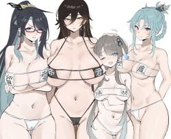 4girls big_breasts bikini blue_eyes brown_hair curvy female female_only genderswap genderswap_(mtf) genshin_impact glasses grey_hair guizhong_(genshin_impact) hair_ornament large_breasts long_hair looking_at_viewer madame_ping medium_breasts multiple_girls navel nipio purple_eyes rule_63 small_breasts swimsuit thick thick_thighs voluptuous white_background xianyun_(genshin_impact) yellow_eyes zhongli_(genshin_impact) zhongli_jiejie